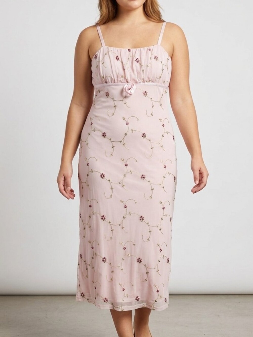 EVOLUTIONARY Pink Floral Embroidered Mesh Midi Dress Size Large